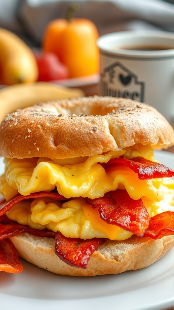 A bagel breakfast sandwich with scrambled eggs, cheese, and bacon, served with fruit and coffee.